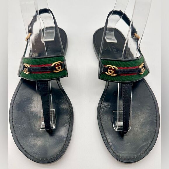 Gucci Siryo GG Web Strap Flat Leather Sandals Interlocking Black Thong EU 36.5 - Picture 3 of 12